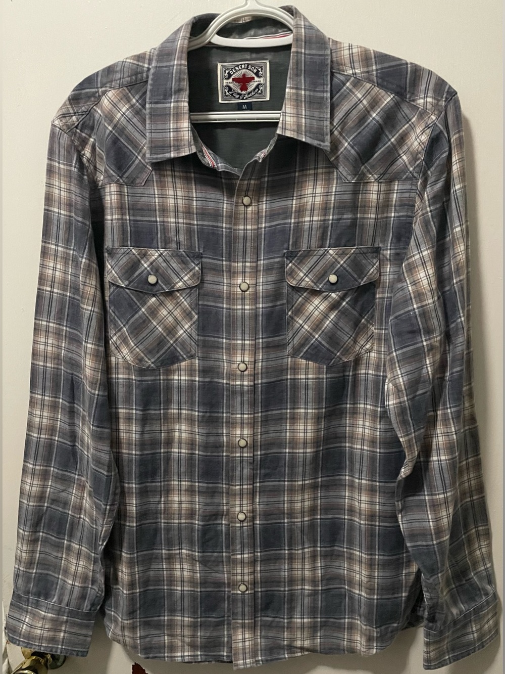 Flag & Anthem Desert Son Men’s Blue Tan White Western Plaid Shirt Size Medium M